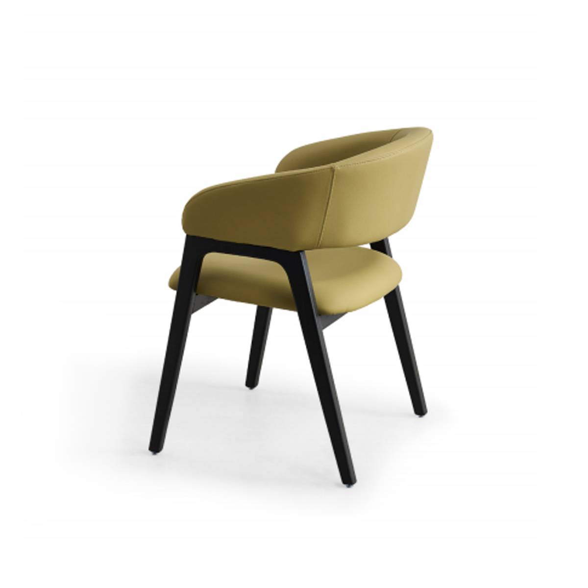 Rear view of a mustard yellow dining chair with black wooden legs