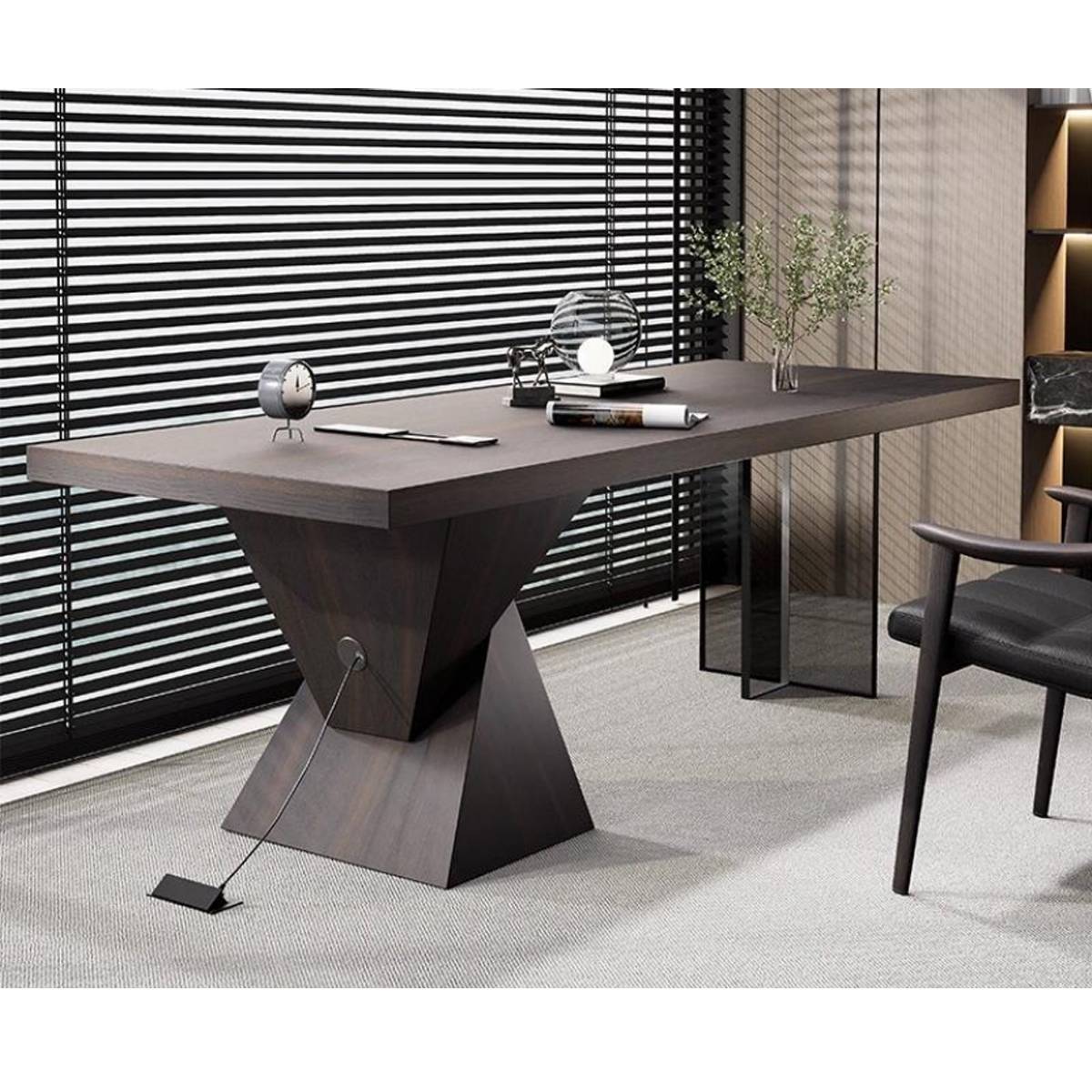 Side view of the desk showing the geometric base structure and power strip outlet