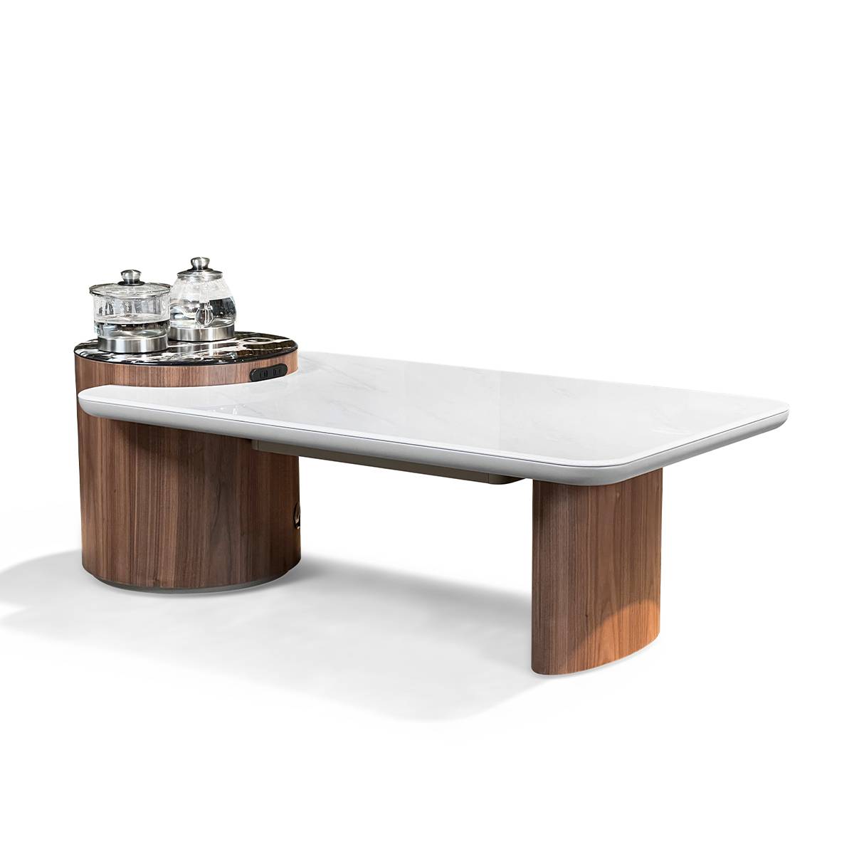 Side view of the B10 marble tea table showing the white marble top and walnut base with built-in kettle station.