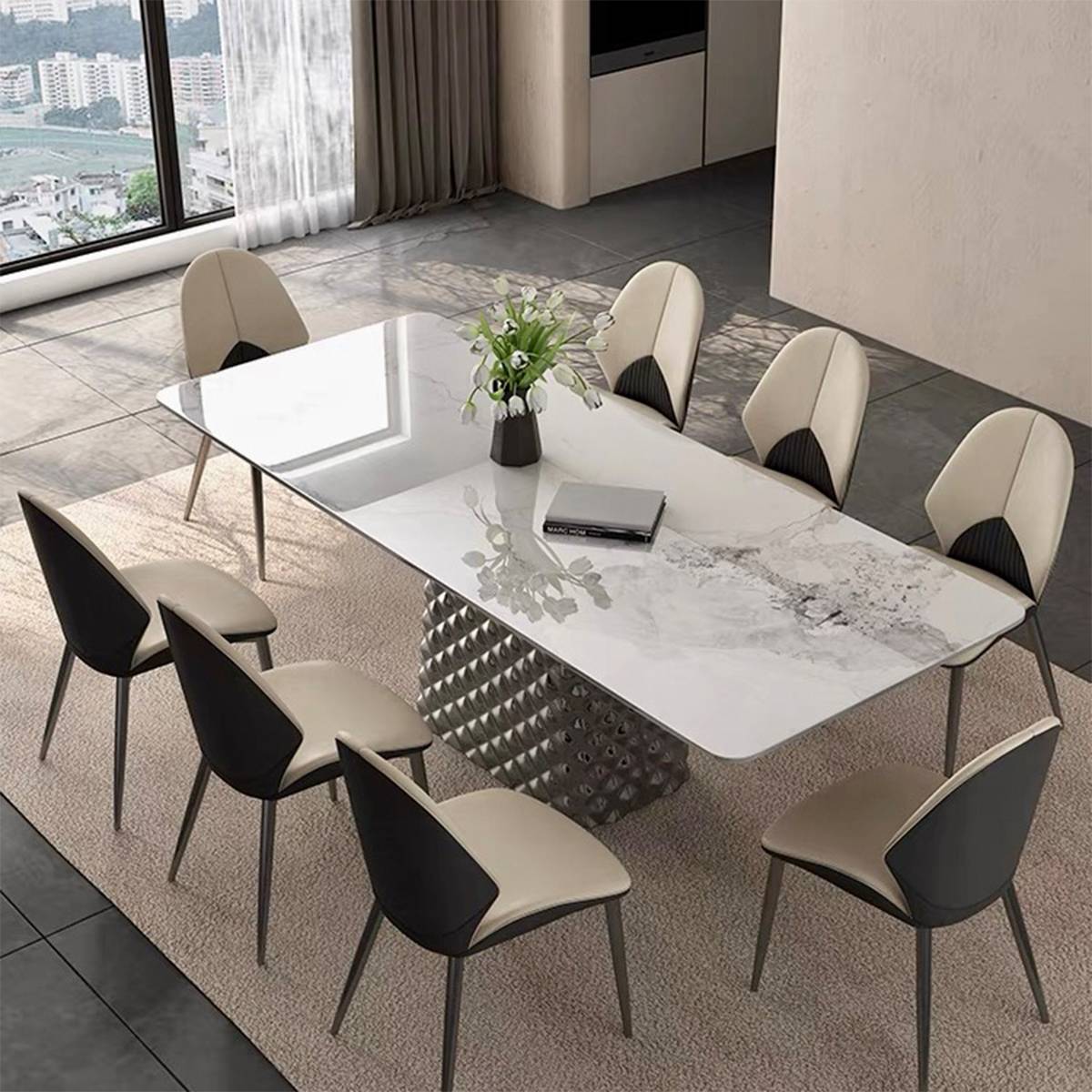 High angle view of the dining table with chairs