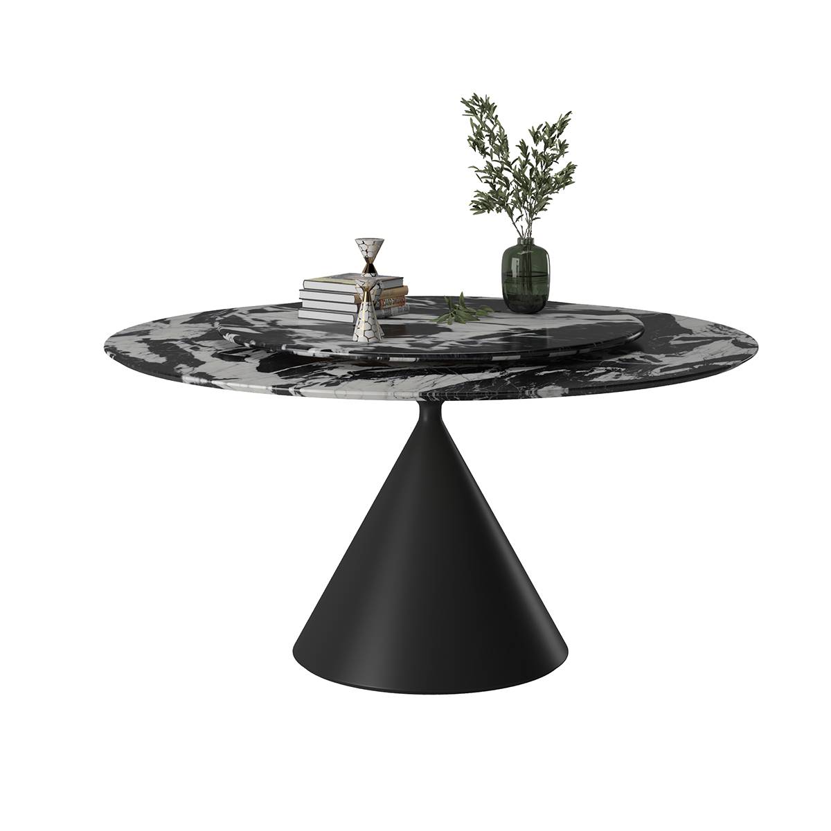 Studio shot of round dining table with black and white marble top and lazy susan