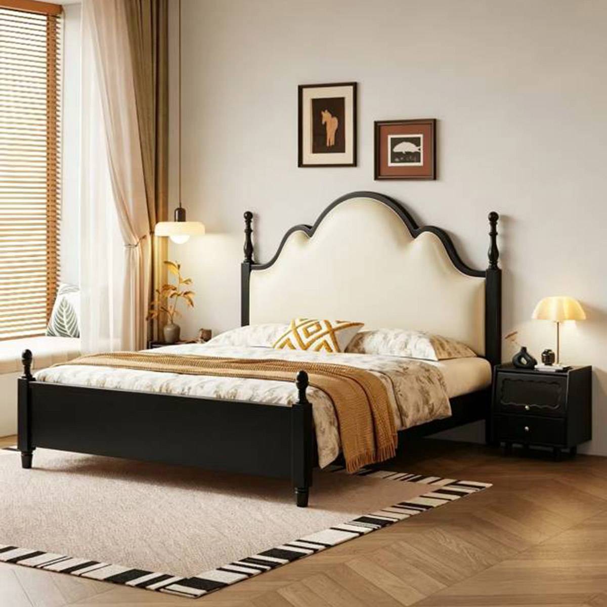 Black wood mid-century bed with cream leather headboard in a bedroom setting