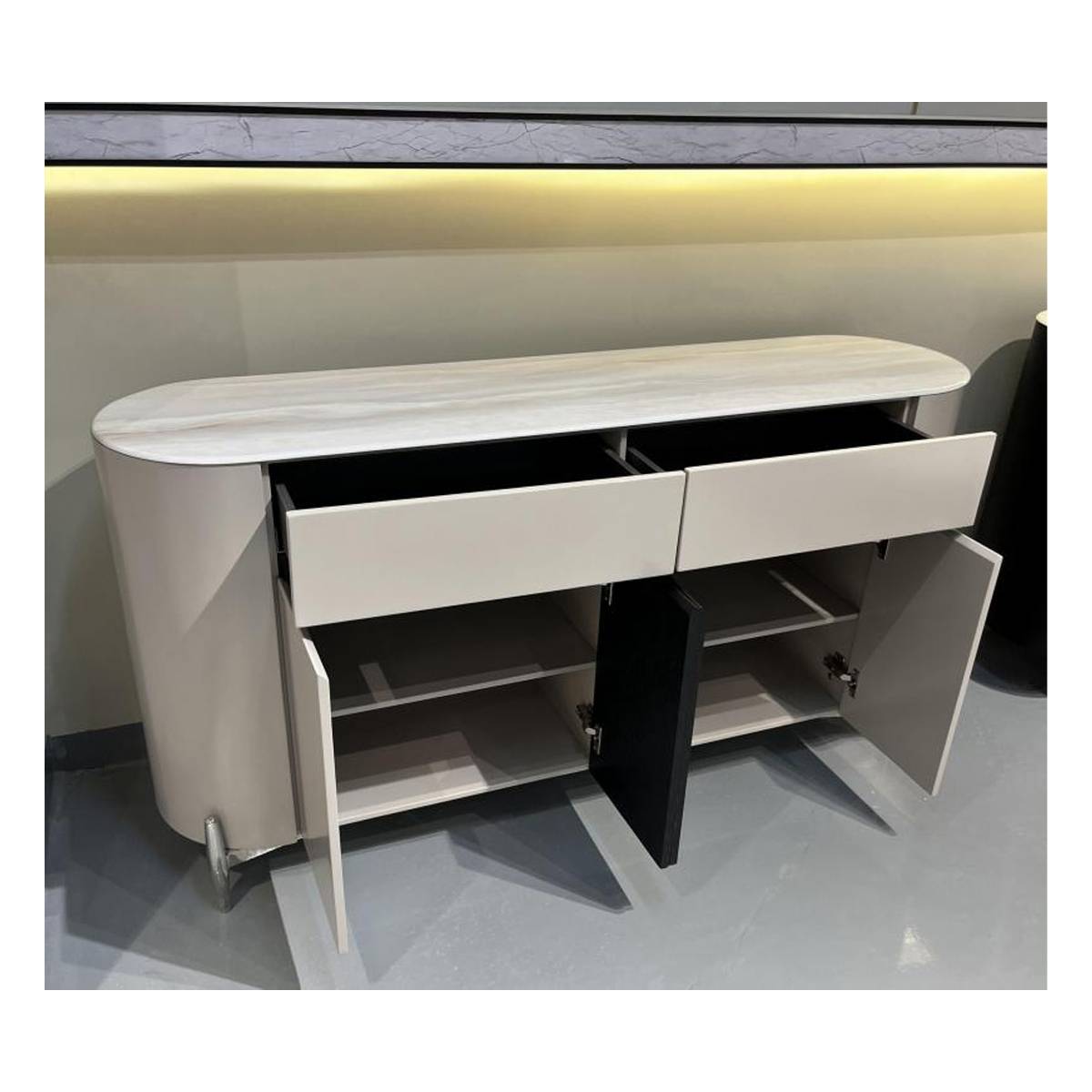 Sideboard with drawers and cabinet doors open showing interior storage