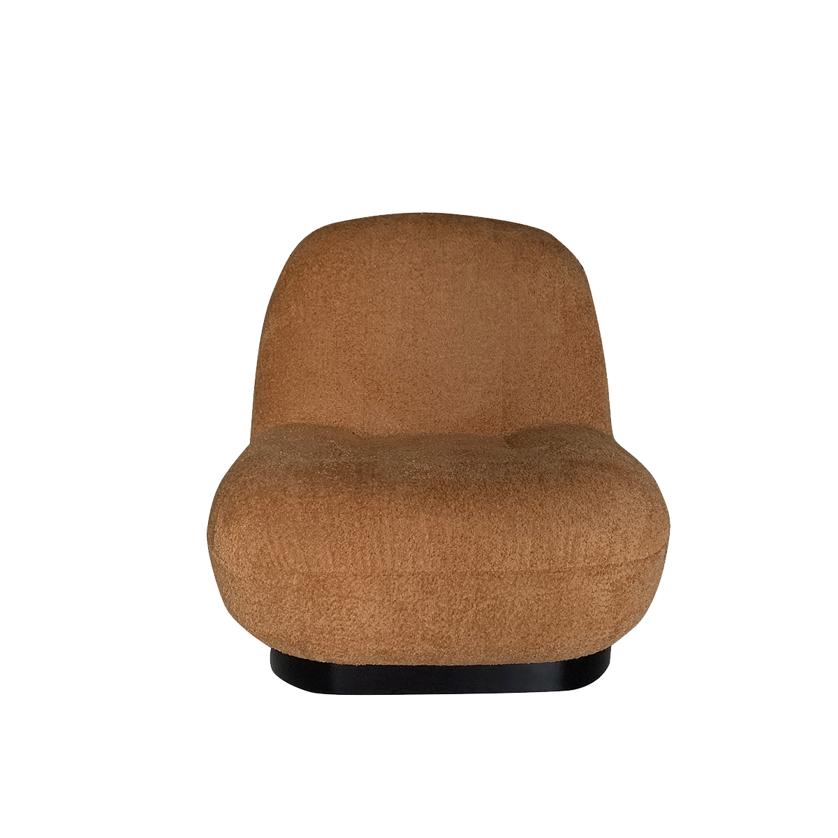 Front view of the caramel-colored lounge chair showing the seat and backrest