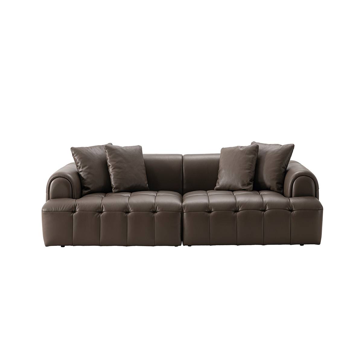 Front view of a brown tufted leather sofa with four throw pillows