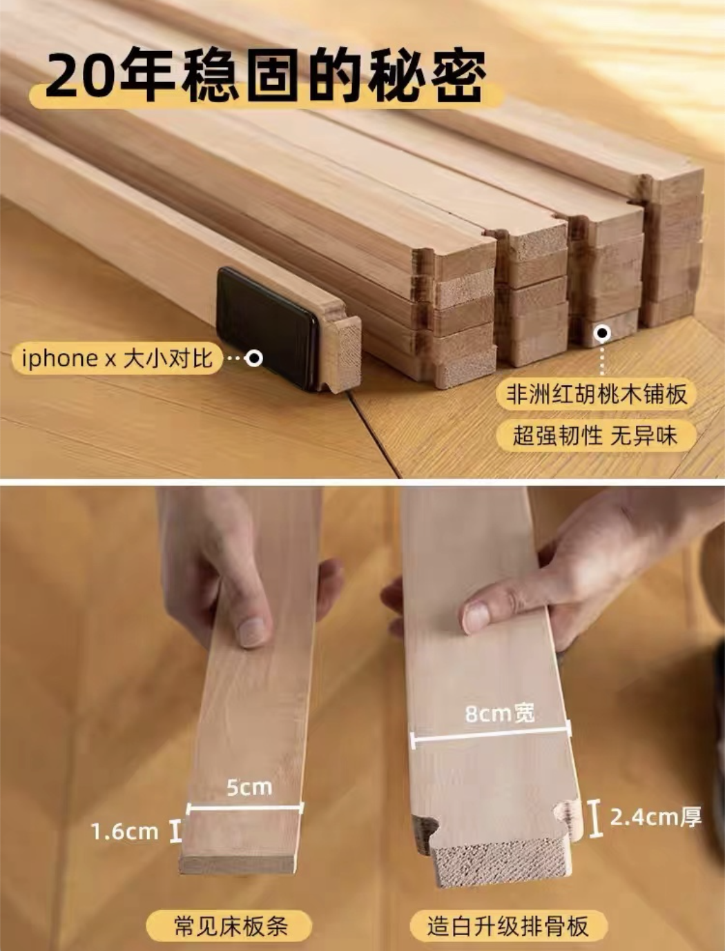 Close-up of the wooden bed slats showing dovetail joints and dimensions