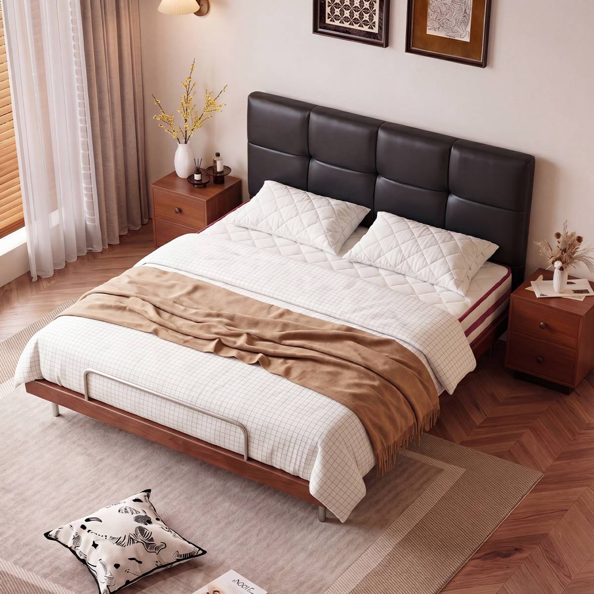 High angle view of the bed in a bedroom setting