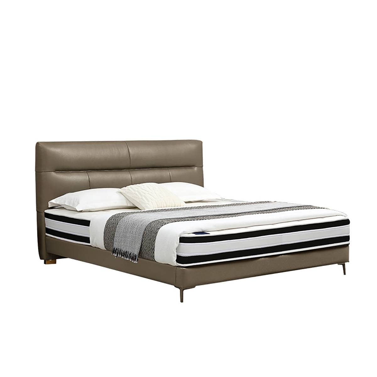 Full view of the Cheers leather bed in a modern bedroom setting