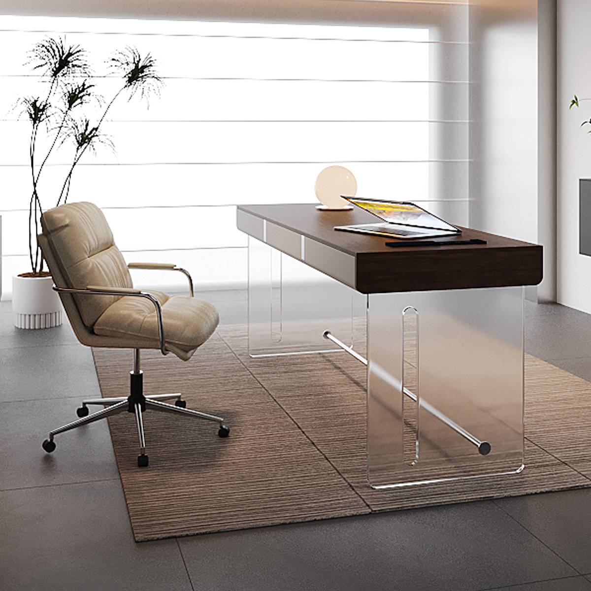 Side view of the desk showing the chair and room setting