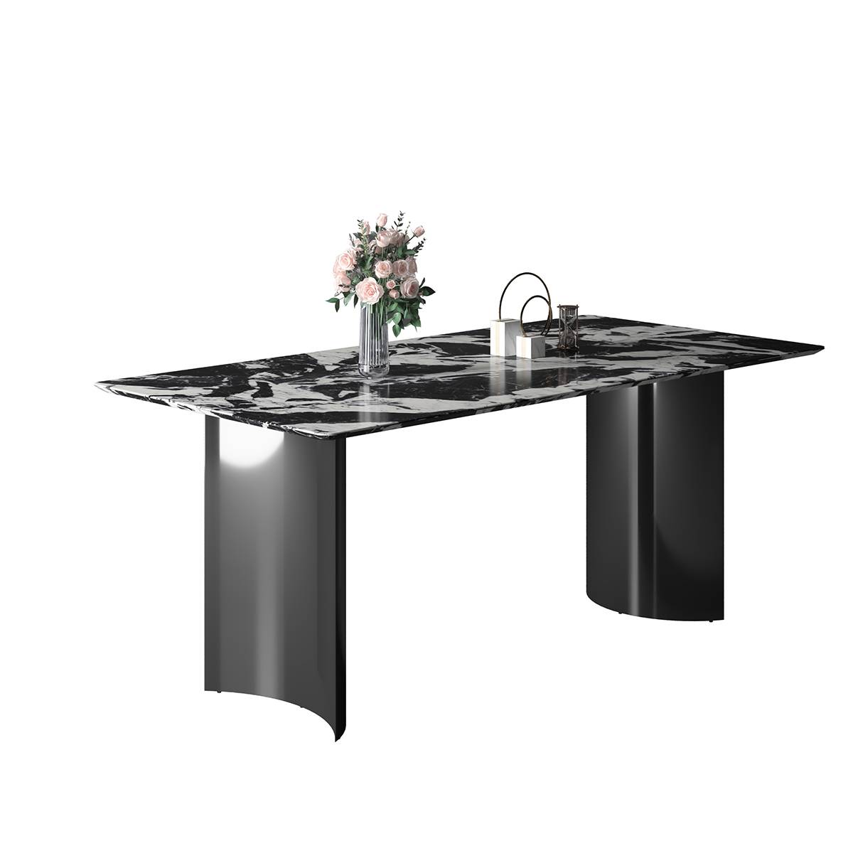 Studio shot of the dining table with a black marble top and black stainless steel base against a white background.