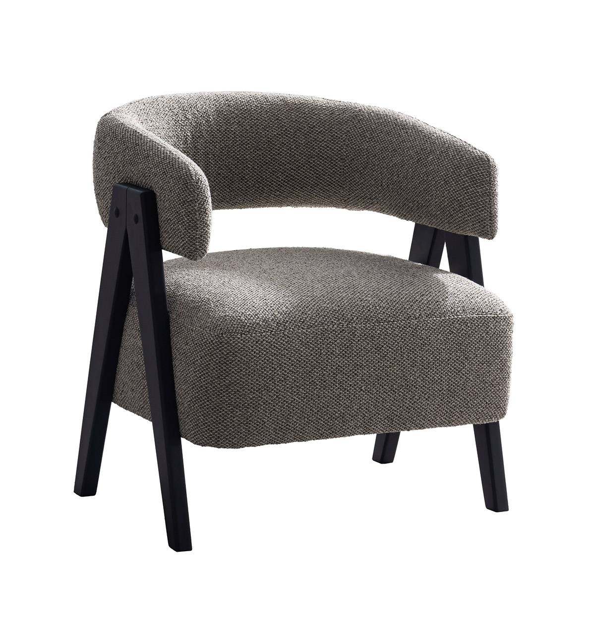 Front view of the modern fabric lounge chair showing the continuous backrest and armrest design
