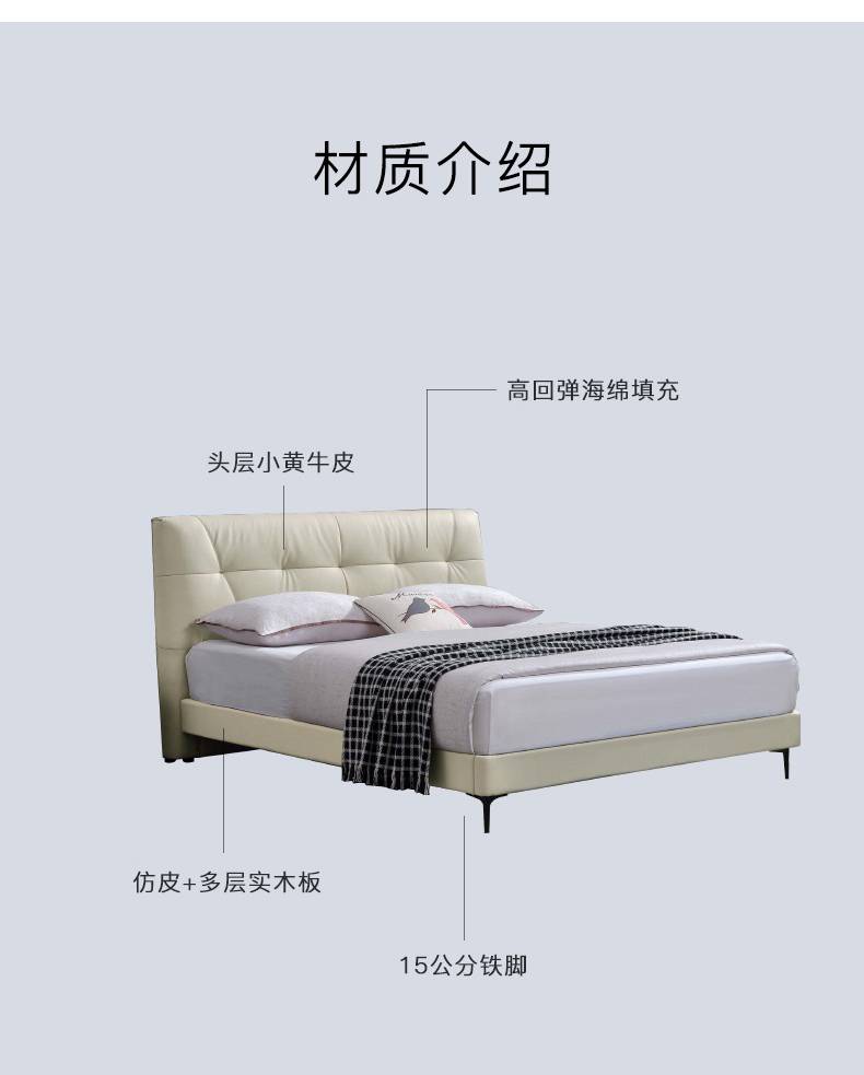 Diagram illustrating the bed's materials: top-grain calfskin, high-resilience sponge, PU leather, solid wood, and iron legs