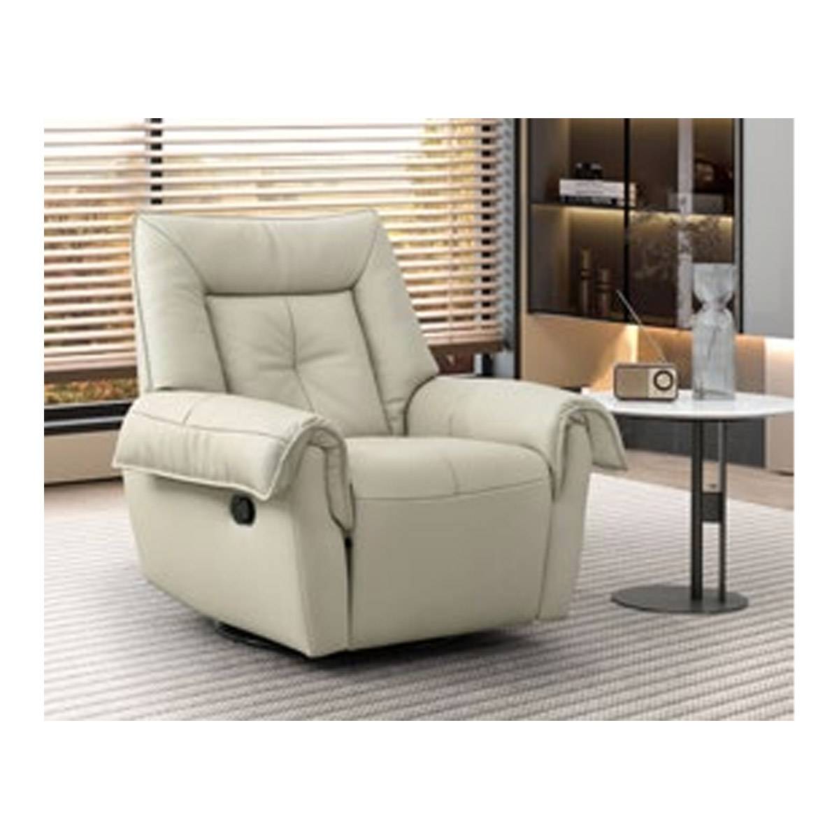 Angled view of the recliner chair showing the swivel base and side profile.
