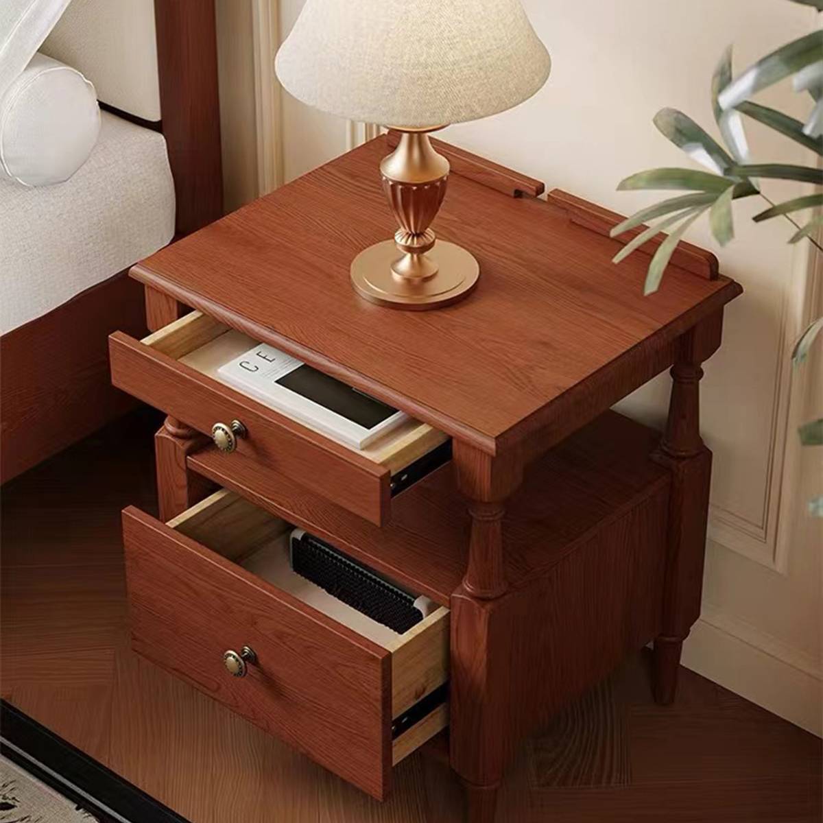 Top-down view of the bedside table with a lamp