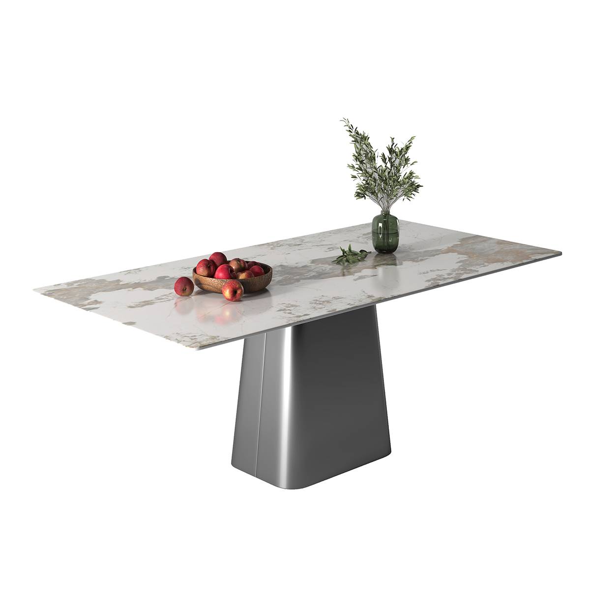 Studio shot of the dining table with a white stone top, fruit bowl, and vase on a white background