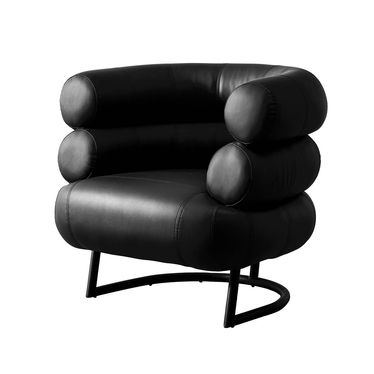 Side view of black leather lounge chair with cylindrical cushions