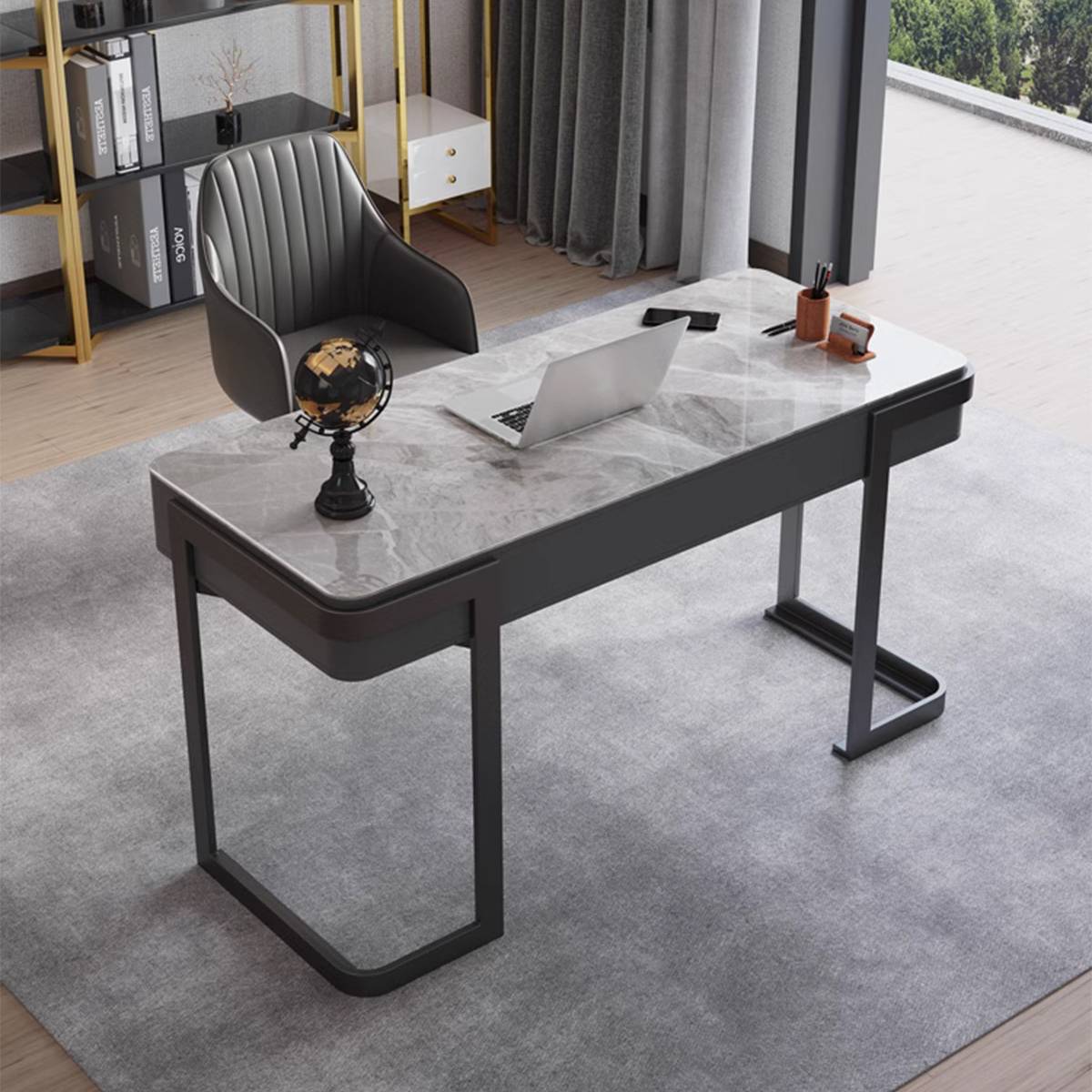 Desk with marble top and black metal frame