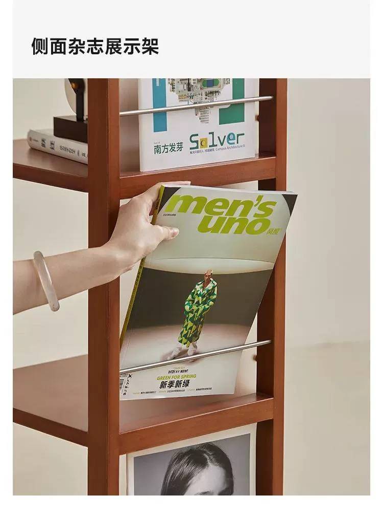 Side magazine display rack holding a magazine