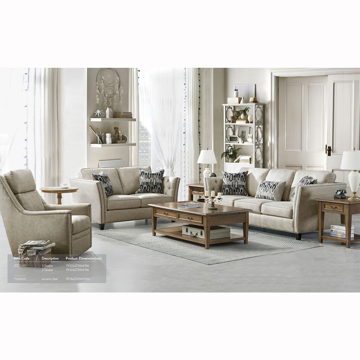 Lifestyle image of the sofa set in a living room with matching armchair and coffee table