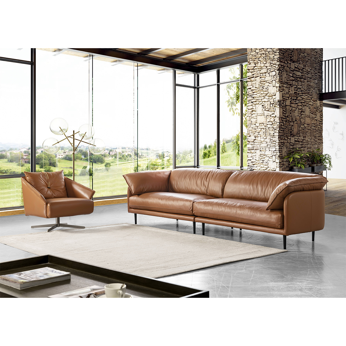 Brown sofa in a modern living room setting