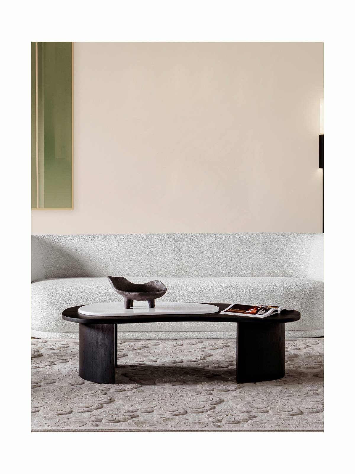 Full view of the coffee table in a living room setting with a white sofa