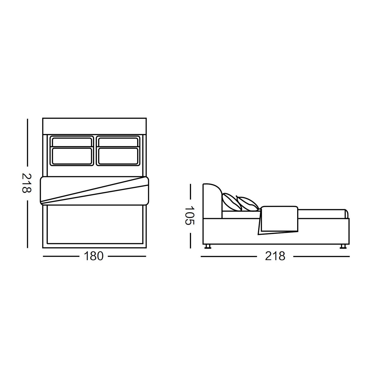 Technical line drawing showing bed dimensions: 218cm length, 180cm width, and 105cm height
