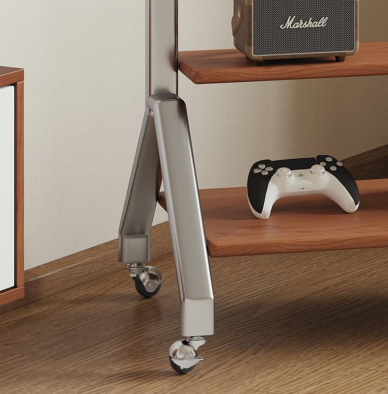 Detail shot of the 360-degree swivel caster and stainless steel leg structure
