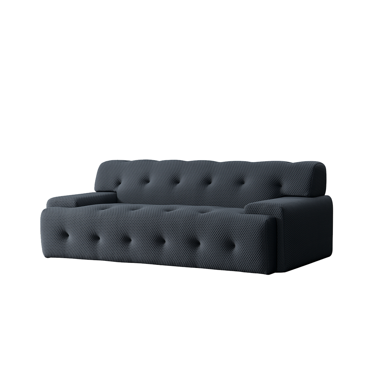 Dark grey tufted sofa angled view