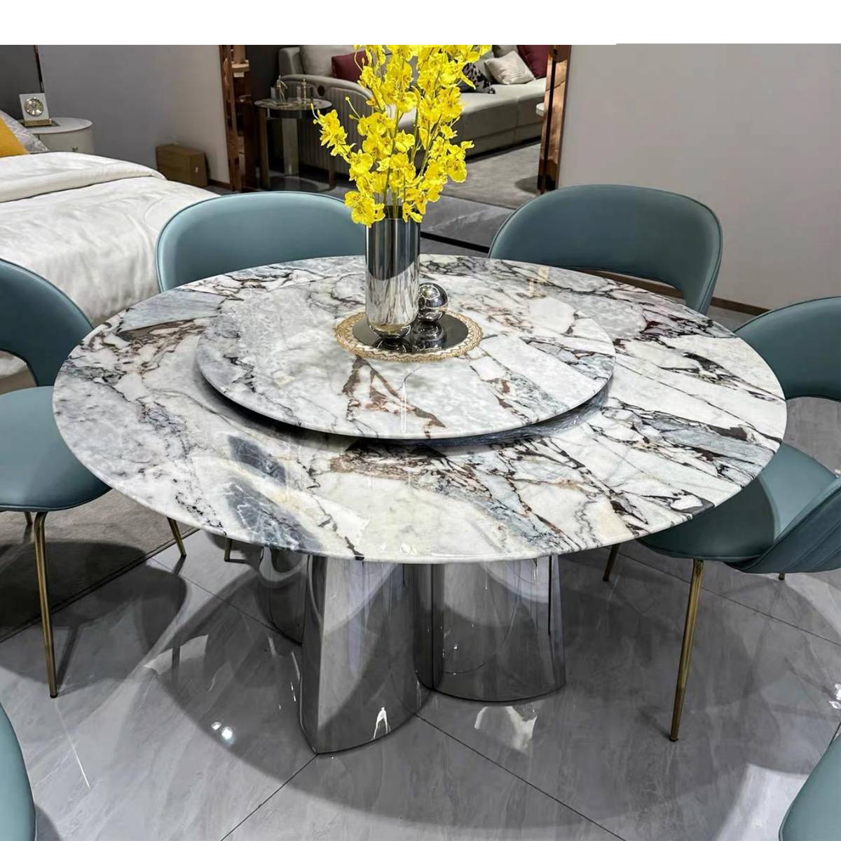 Ocean Storm / Elephant White Natural Marble Luxury Stone Round Dining Table with Stainless Steel Mirror Clover Base (Z60-S107)