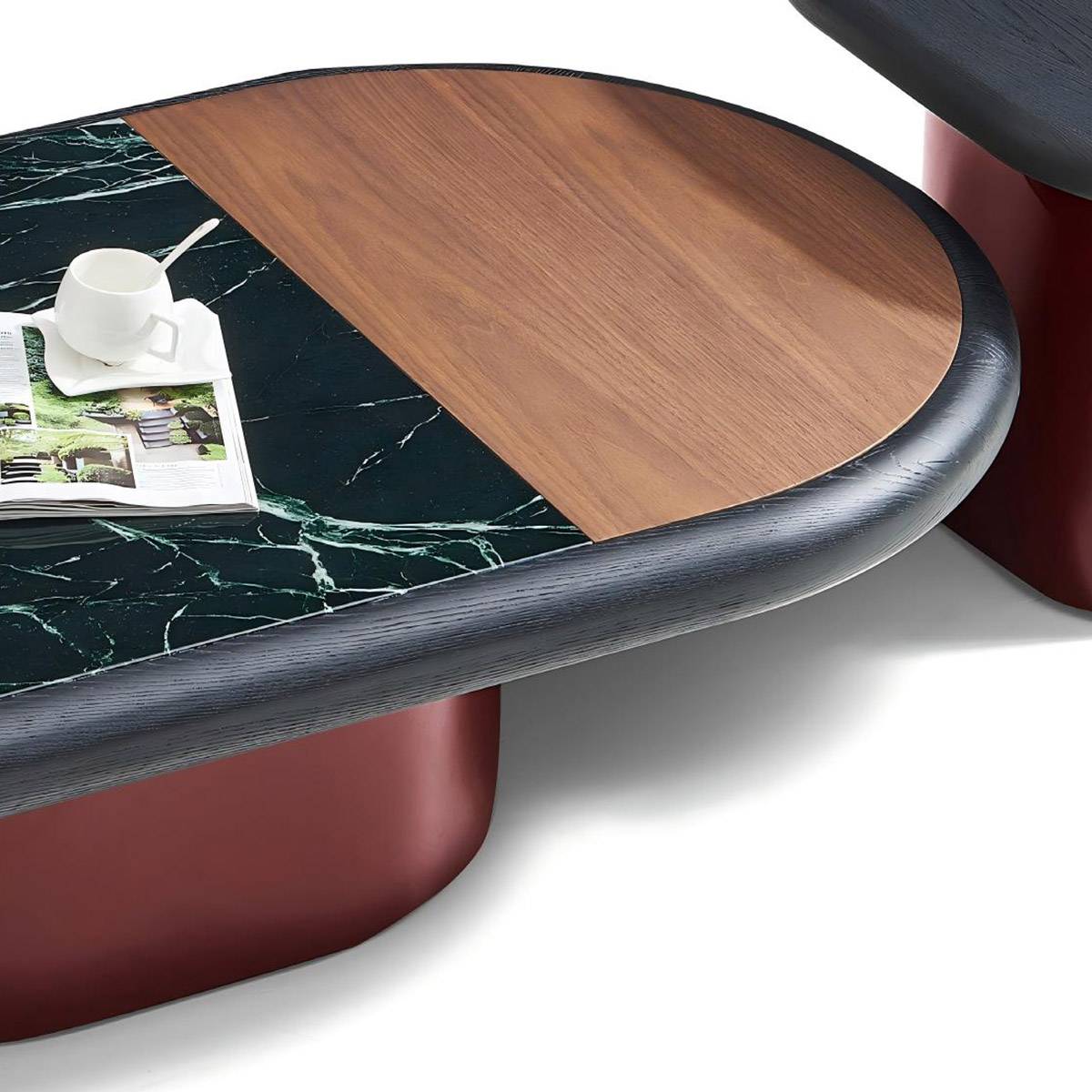 Close-up detail of the coffee table surface showing the marble and wood texture