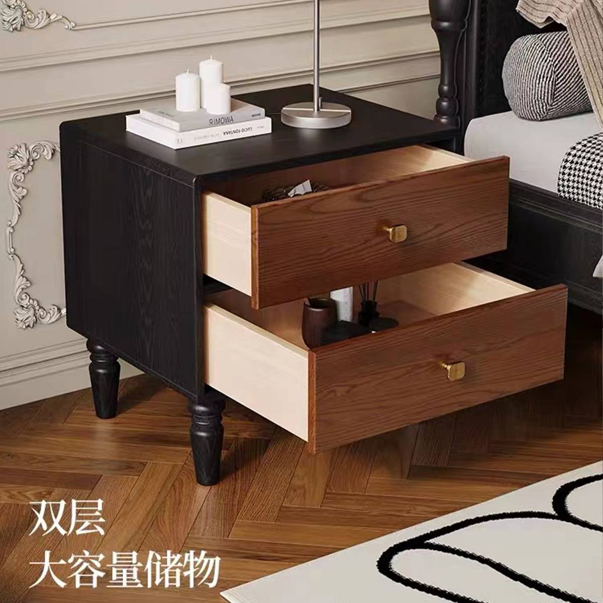 Front view of the mid-century bedside table with drawers closed