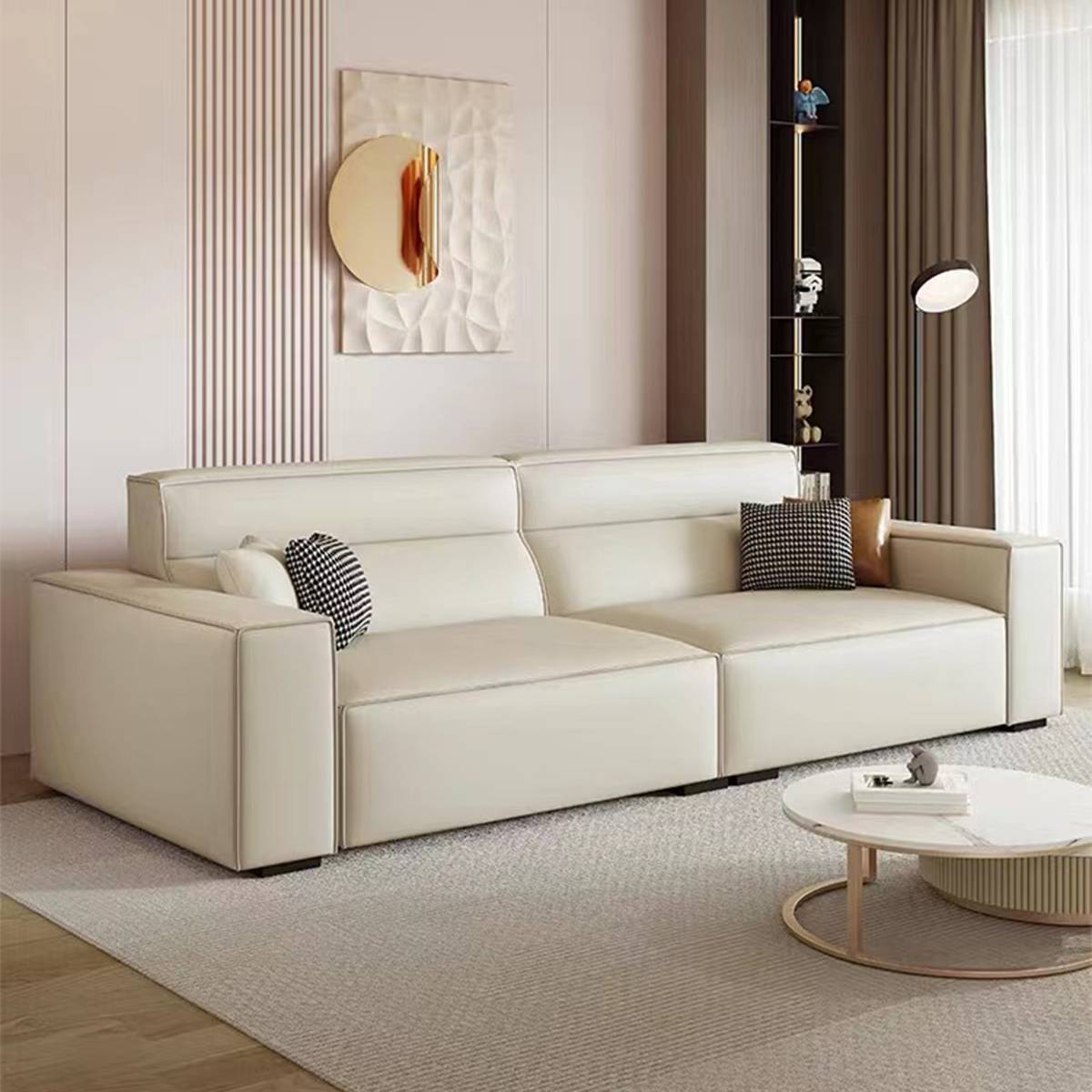 Front view of the sofa highlighting the seat cushions and backrest design.