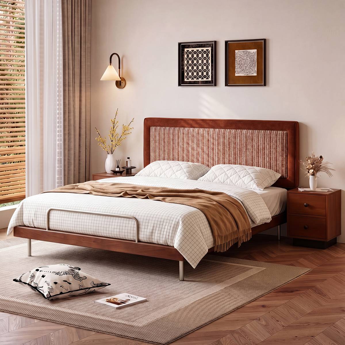 Bedroom setup showing the bed with white bedding and brown throw