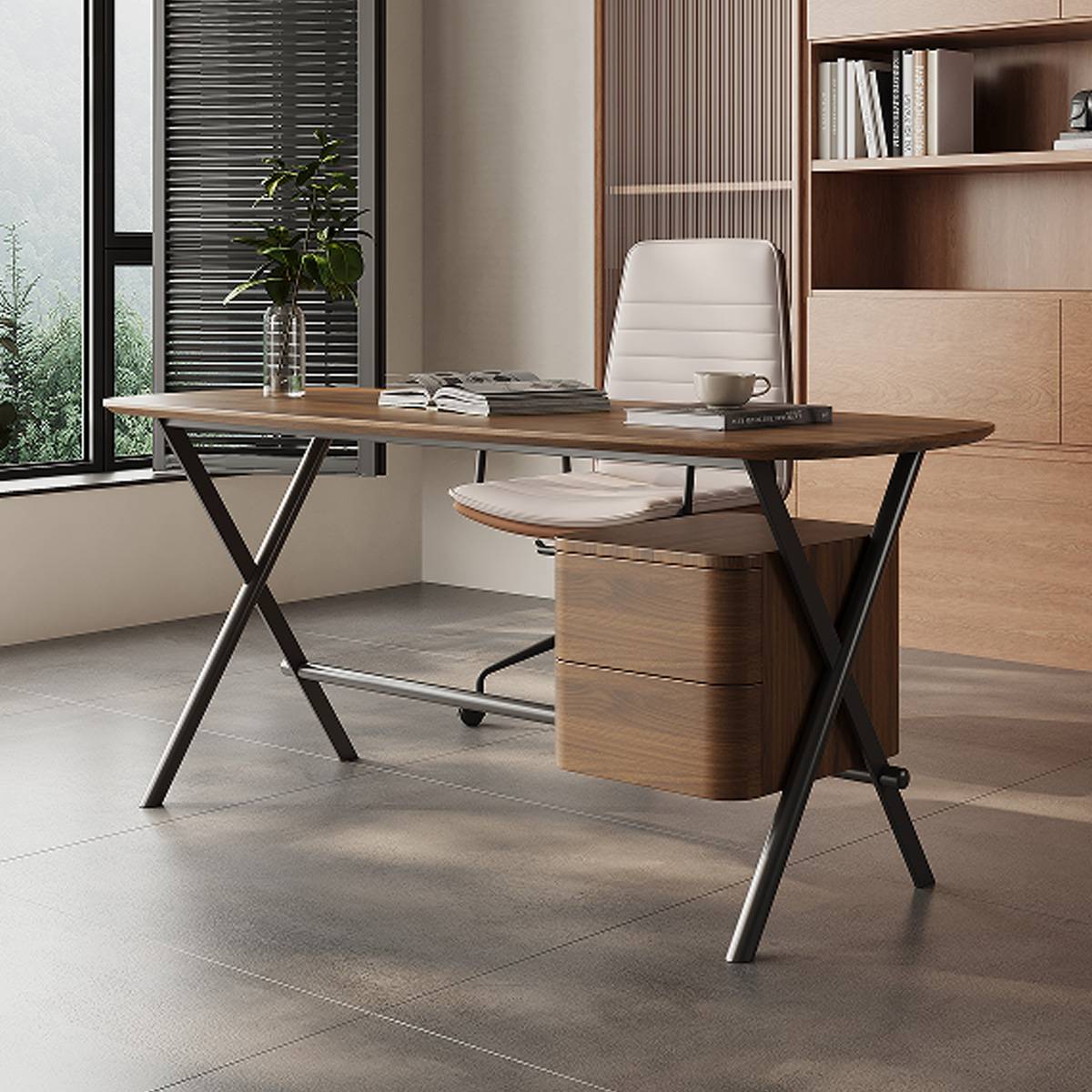Side view of the desk showing the X-frame leg structure and wooden drawers.