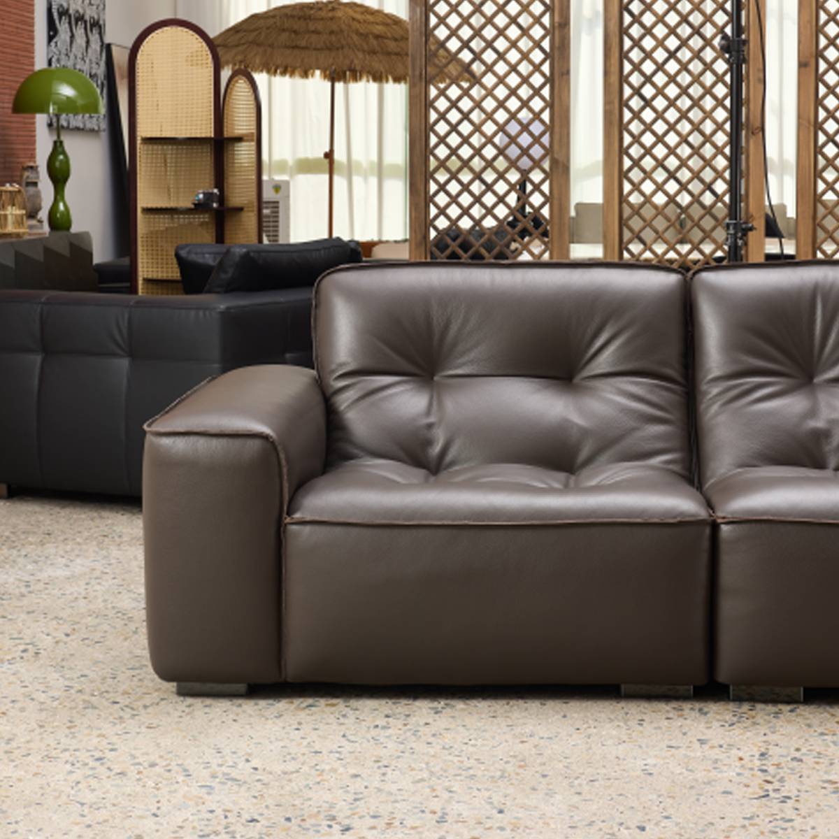Close up detail of sofa armrest and seat cushion