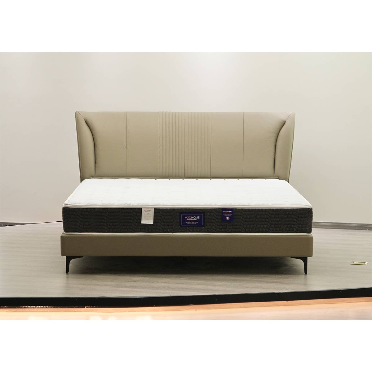 Front view of the A19 Khaki leather upholstered bed
