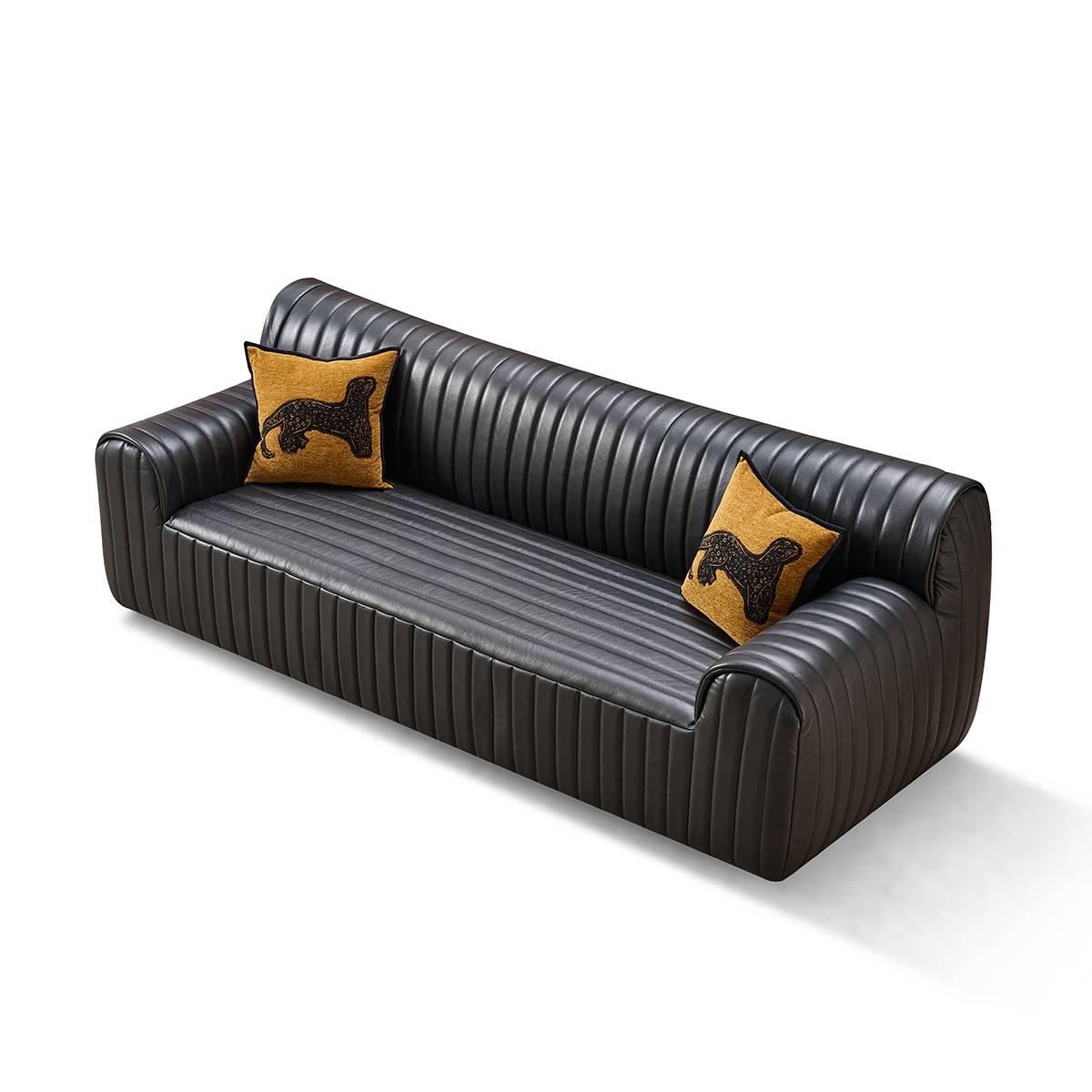 High angle view of black leather sofa showing seat depth and texture