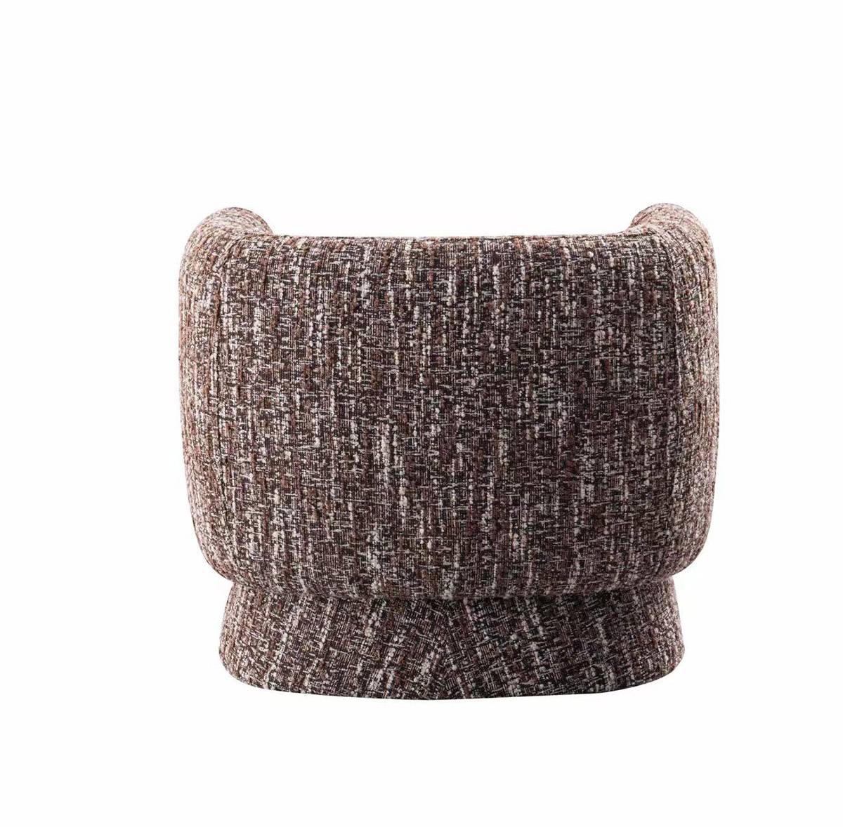 Rear view of the brown textured fabric lounge chair showing the rounded back and base.
