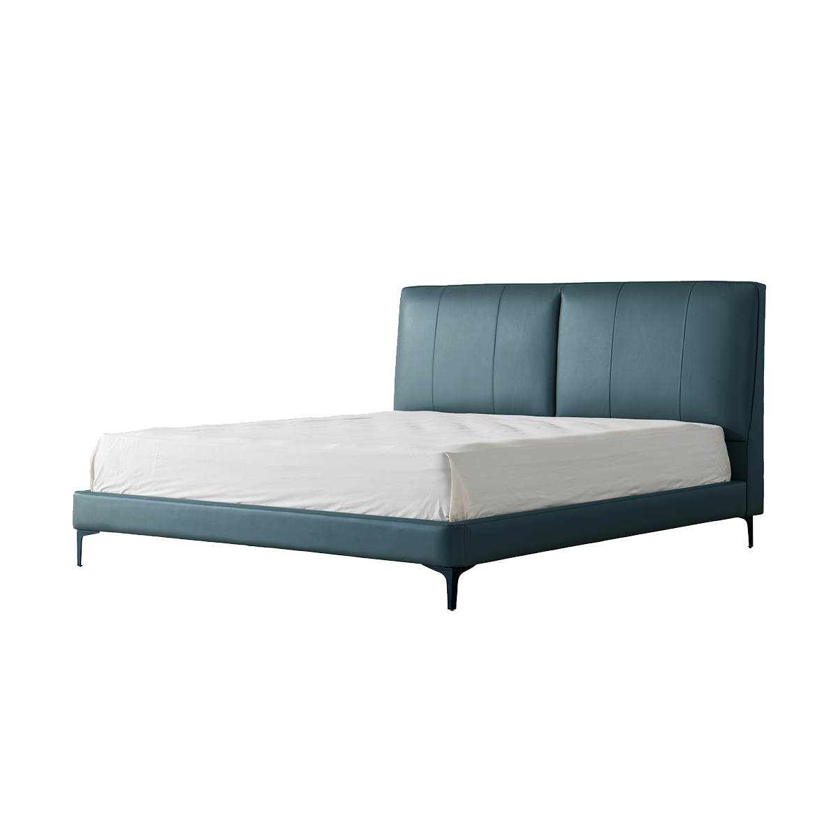 Side angle view of a teal upholstered bed