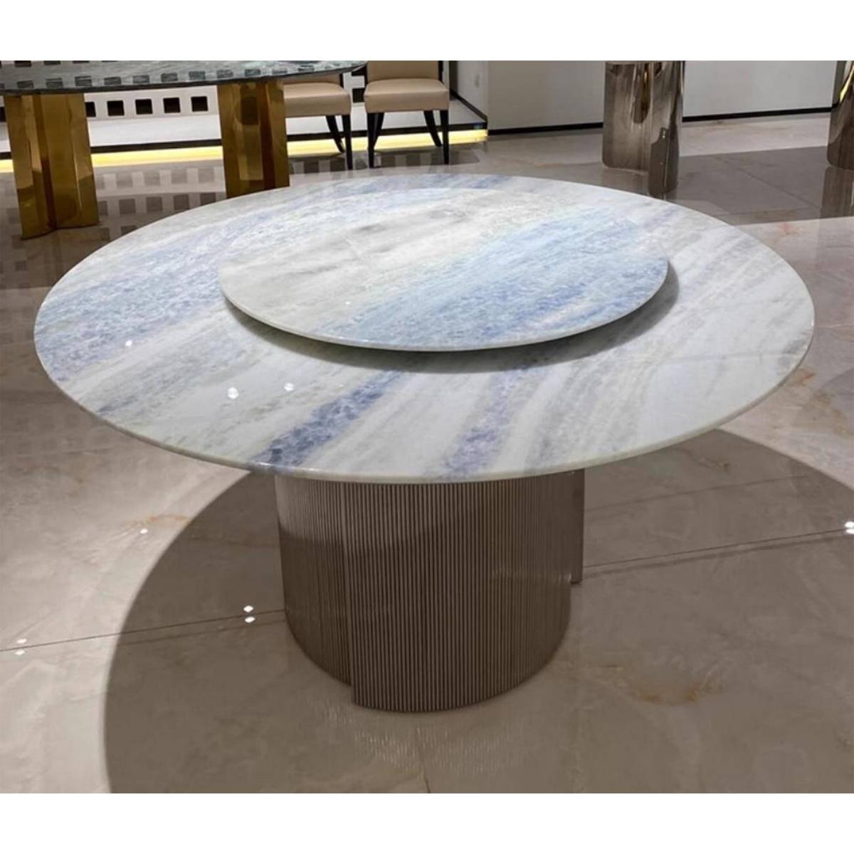 Blue Crystal Natural Marble Luxury Stone Round Dining Table with Stainless Steel Round Tube Base (Z60-S81)