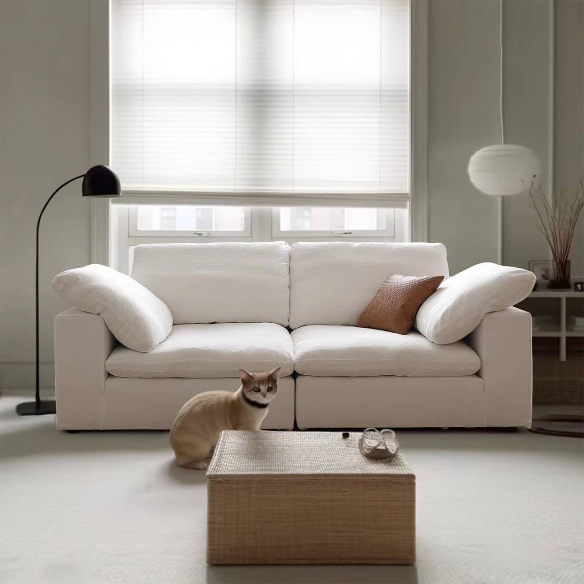 White fabric straight sofa in a living room setting with a cat
