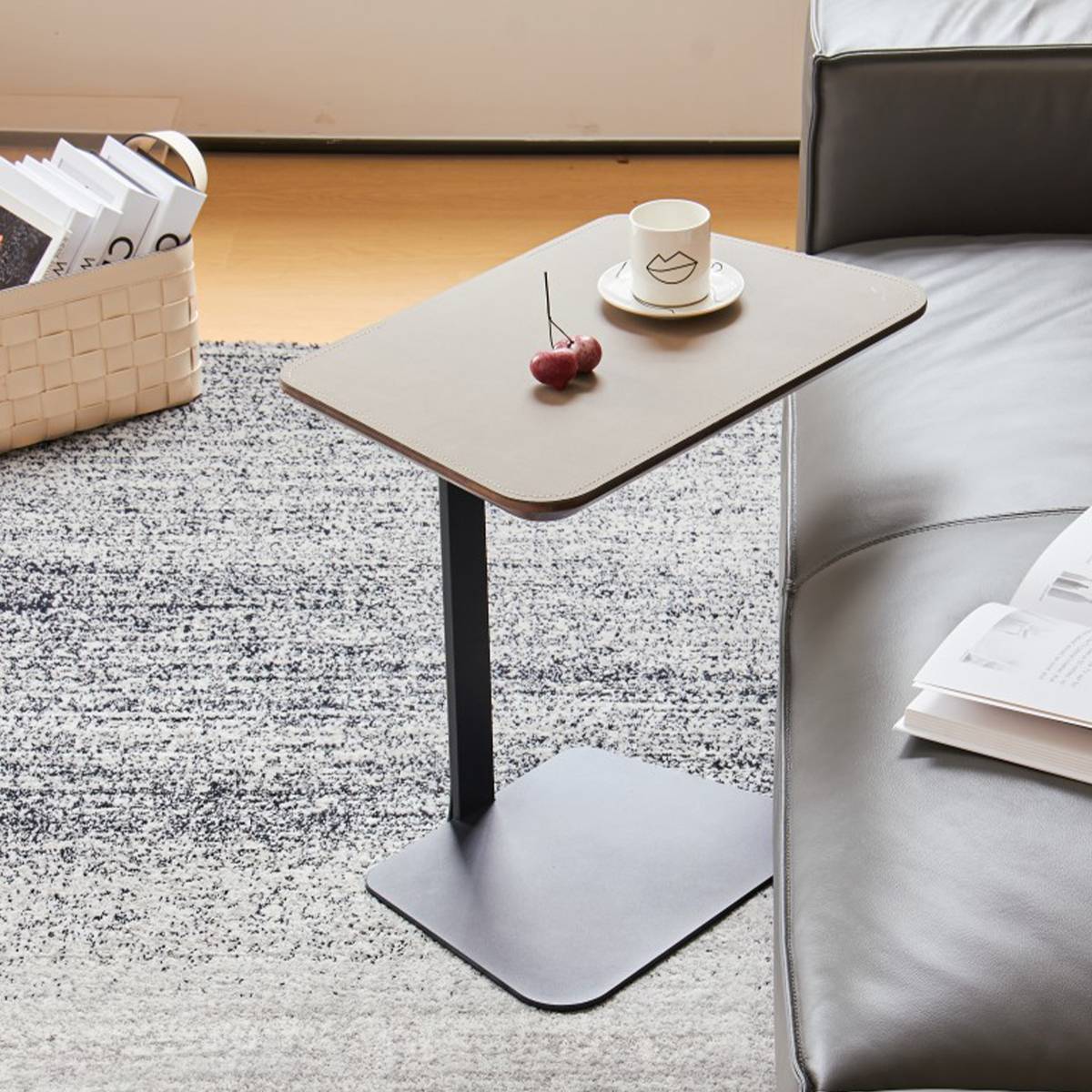 High angle view of the side table showing the tabletop surface
