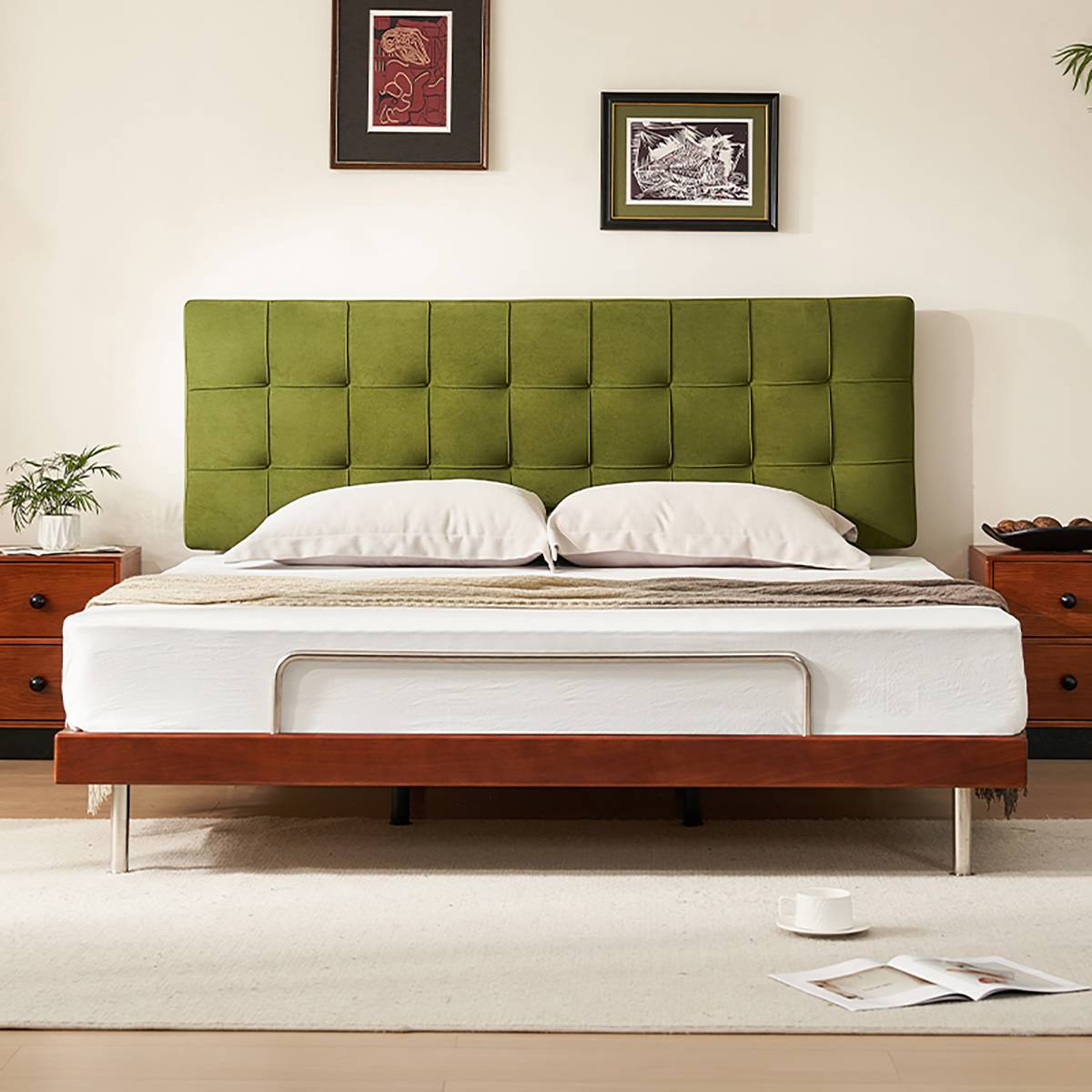 Front view of the bed highlighting the headboard and pillows