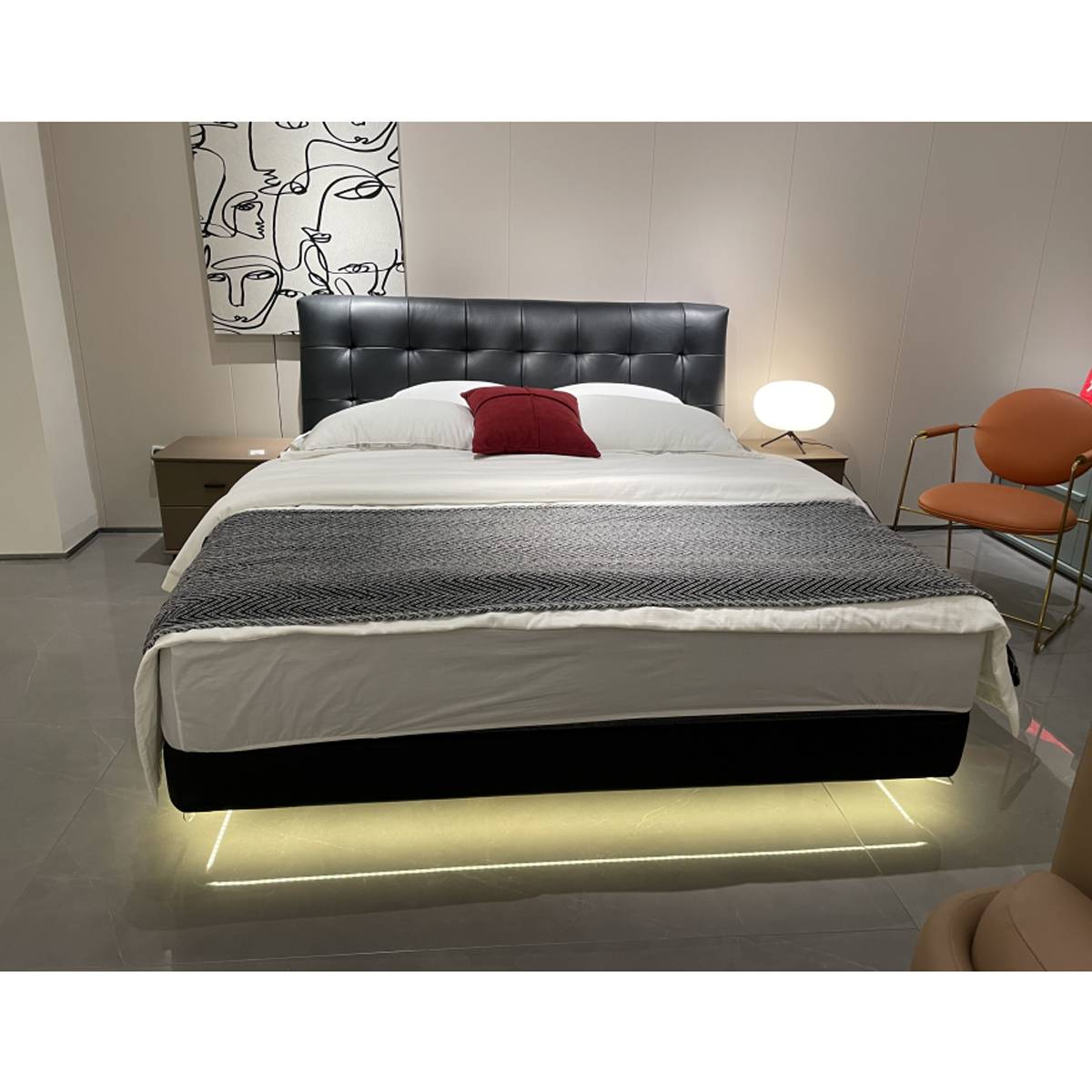 Front view of the bed highlighting the LED strip lighting underneath