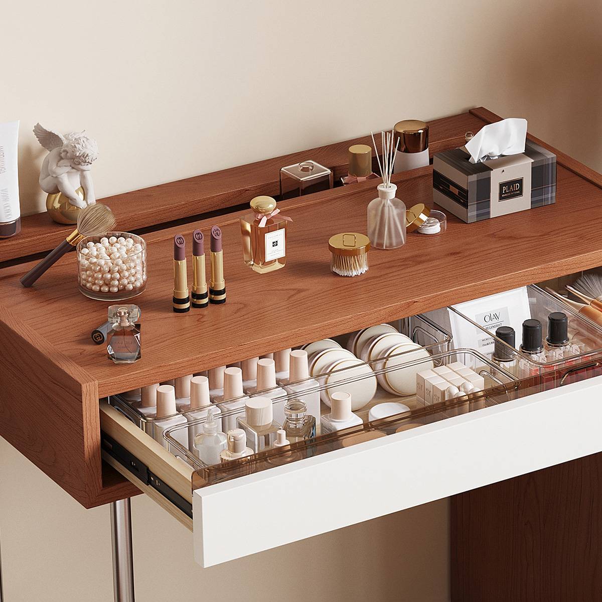 Close-up of the vanity drawer interior showing acrylic organizers