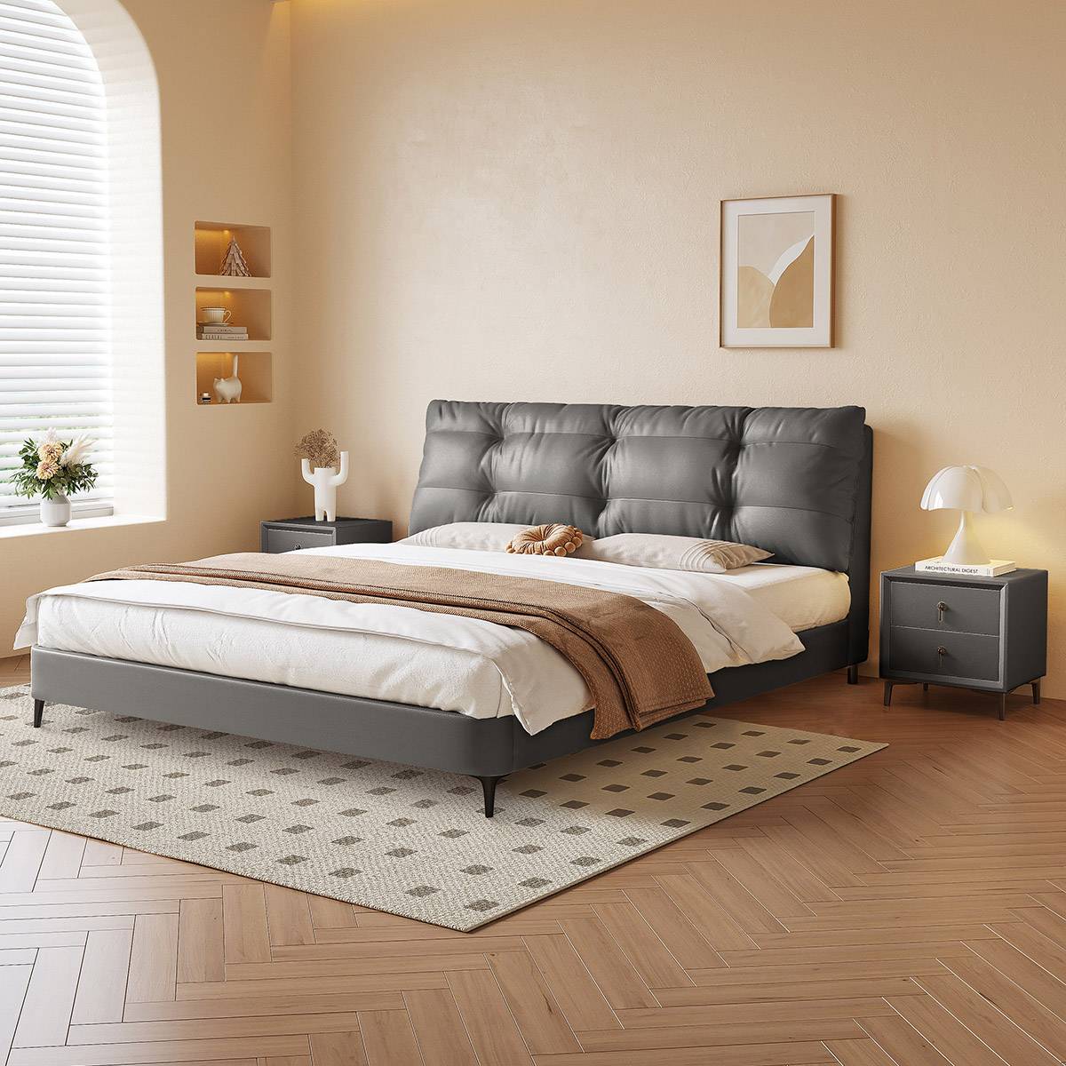 Grey eco-leather tufted bed in a modern bedroom setting