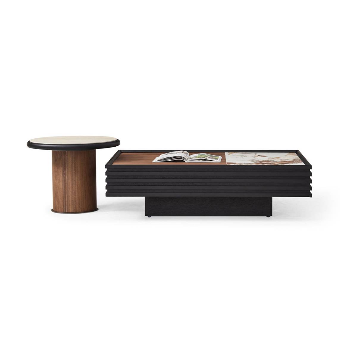 Side profile view of the coffee table and side table set showing the layered base structure.