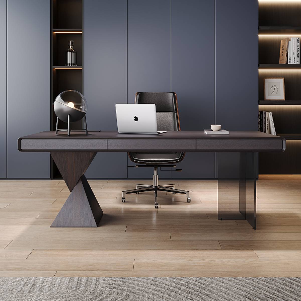 Front view of the desk showing the geometric leg and acrylic base
