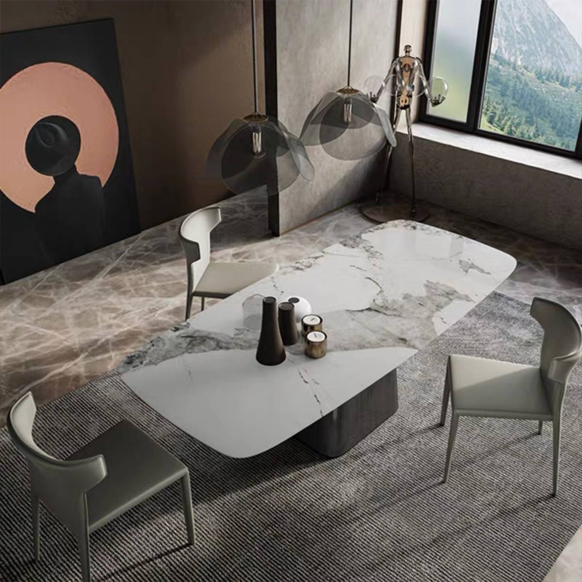 High-angle view of the dining table with a white marble pattern top and grey chairs