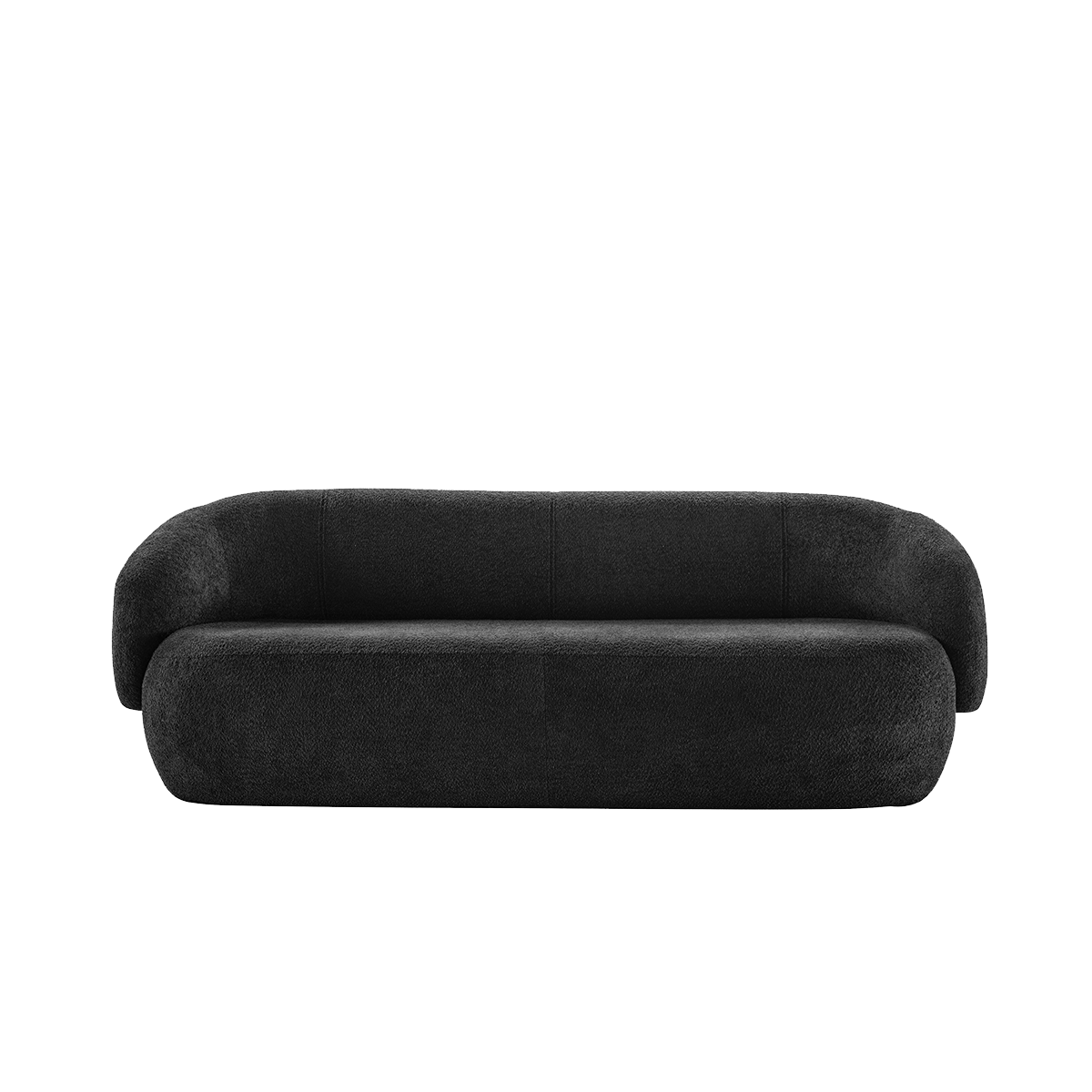Front view of the black bouclé sofa showing the seat cushions and backrest